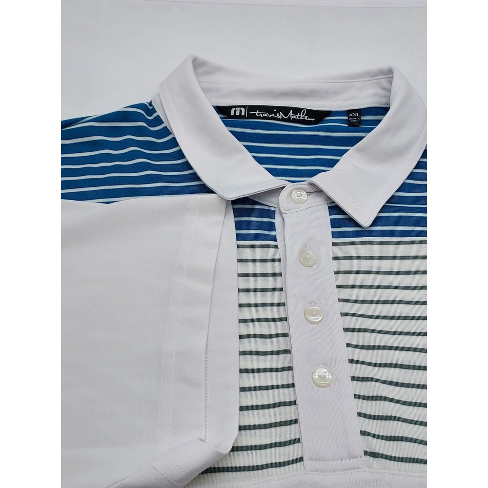 TravisMathew Mens XXL Polo Shirt Bud Light Logo Striped Golf Performance White